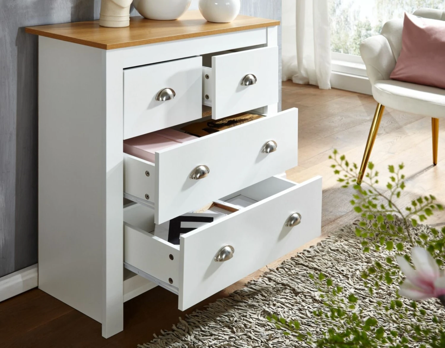 Kommode - weiß-Eiche - Schubkästen - 81 cm 4 Kommode - weiß-Eiche - Schubkästen - 81 cm – Bild 4