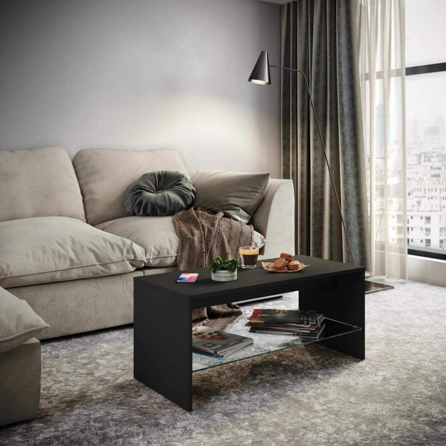 Couchtisch WISAL - schwarz - Glasablage - 90 cm 3 Couchtisch WISAL - schwarz - Glasablage - 90 cm – Bild 3