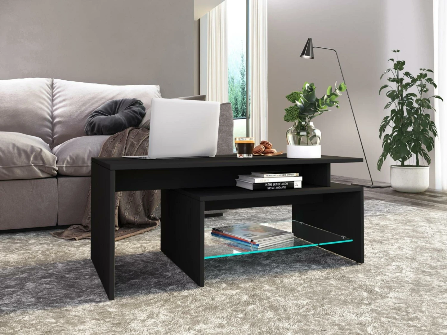 Couchtisch PILAS - schwarz - Glasablage - 100 cm 3 Couchtisch PILAS - schwarz - Glasablage - 100 cm – Bild 3