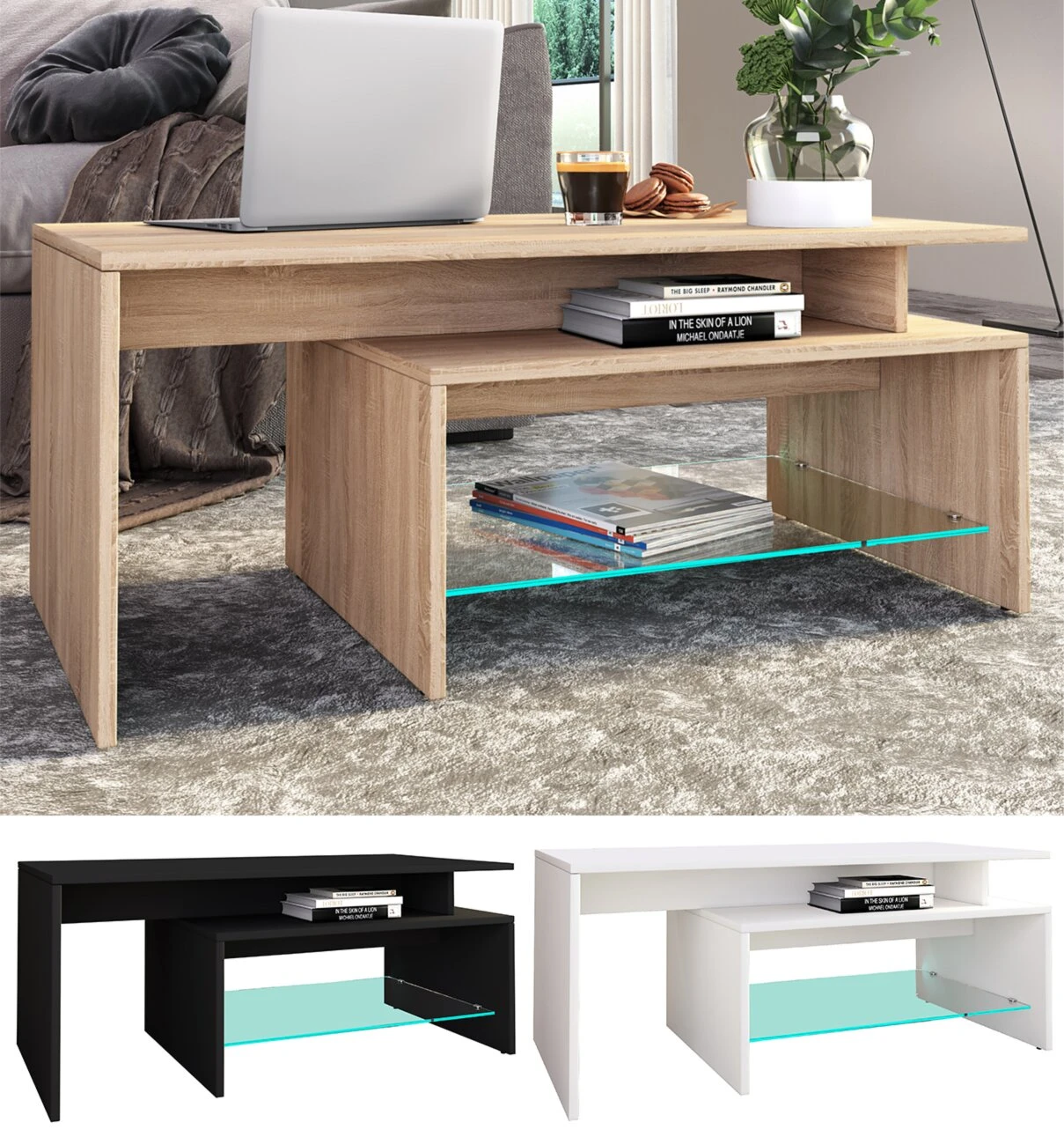 Couchtisch PILAS - schwarz - Glasablage - 100 cm 4 Couchtisch PILAS - schwarz - Glasablage - 100 cm – Bild 4