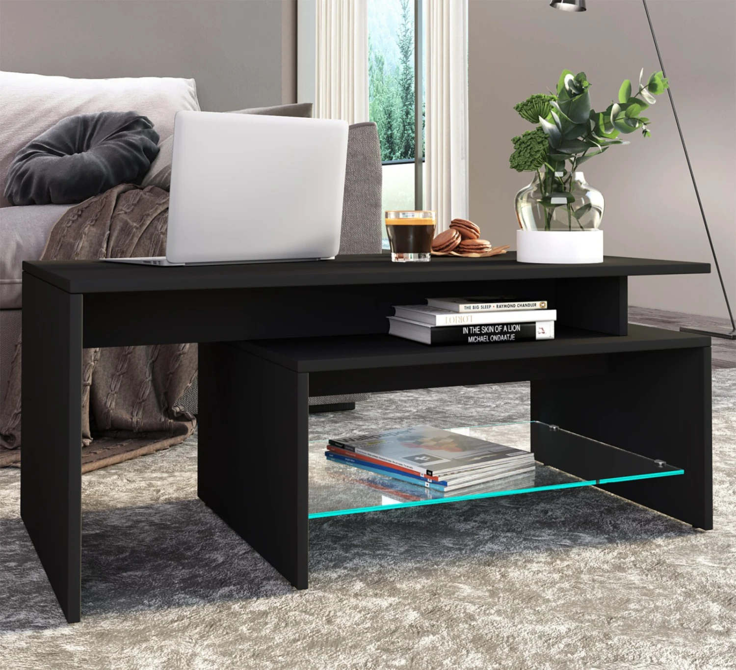 Couchtisch PILAS - schwarz - Glasablage - 100 cm 2 Couchtisch PILAS - schwarz - Glasablage - 100 cm – Bild 2