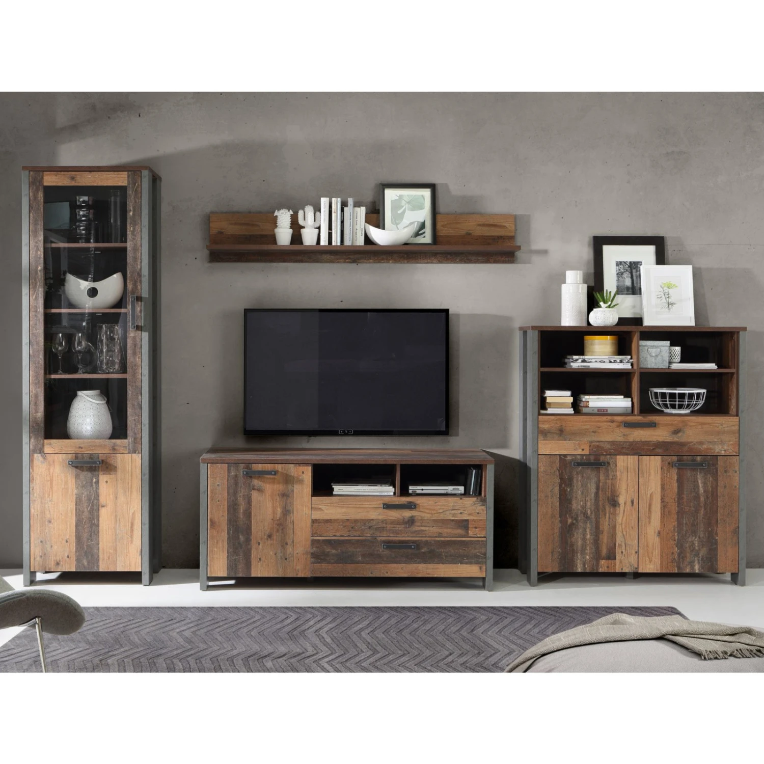 Wohnwand Set - Old Wood Vintage - 4-teilig 1 Wohnwand Set - Old Wood Vintage - 4-teilig