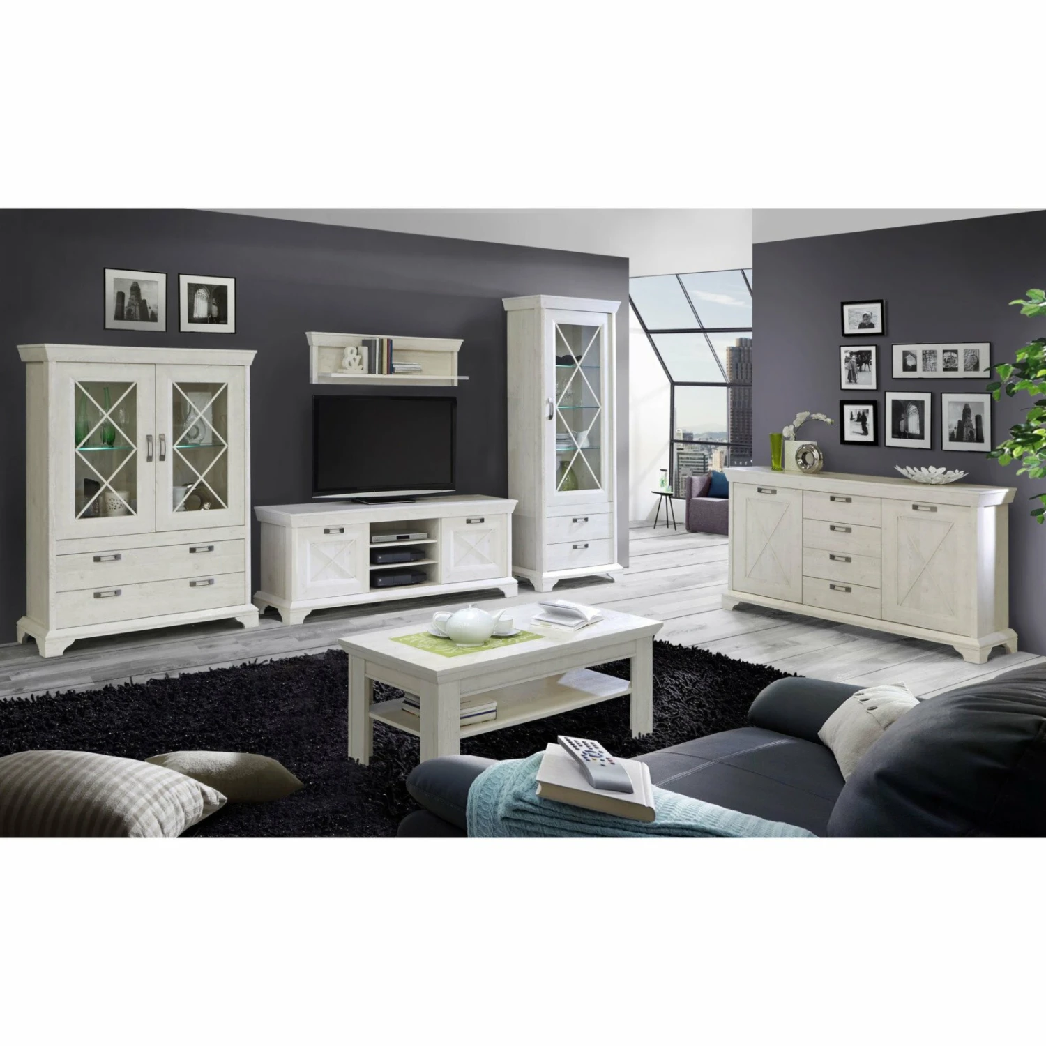 Wohnwand-Set - Pinie weiß - 348 cm - Vitrine - Landhaus 2 Wohnwand-Set - Pinie weiß - 348 cm - Vitrine - Landhaus – Bild 2