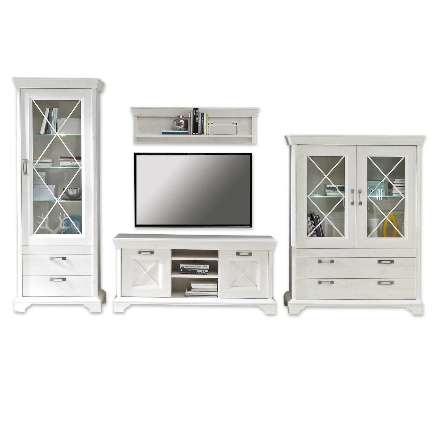 Wohnwand-Set - Pinie weiß - 348 cm - Vitrine - Landhaus 1 Wohnwand-Set - Pinie weiß - 348 cm - Vitrine - Landhaus