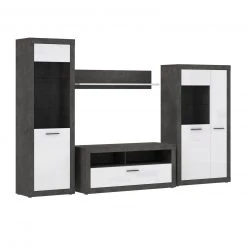 4-teiliges Wohnwand-Set - Betonoptik - weiß - 314 cm breit