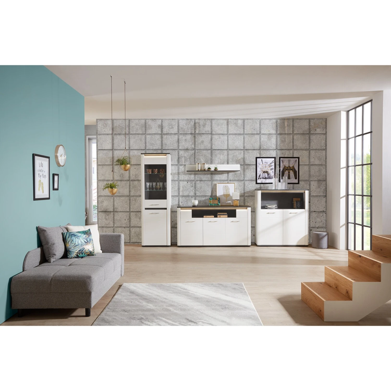 Luca Bessoni 4-teiliges Wohnwand-Set ALASSIO - weiß Hochglanz - Matera dunkel 2 Luca Bessoni 4-teiliges Wohnwand-Set ALASSIO - weiß Hochglanz - Matera dunkel – Bild 2